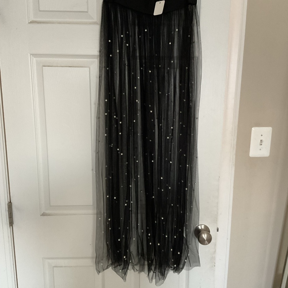 Elegant Black Tulle Skirt with Pearl Accents